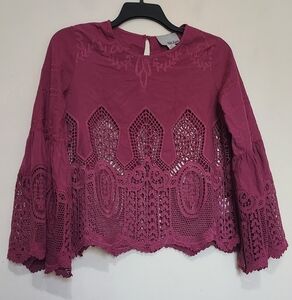 Anthro Cloe Oliver Lace Embroidery Bell Sleeve Blouse Sz-M